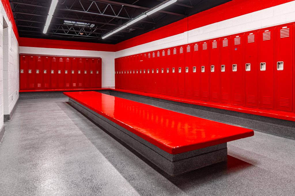 Locker room adjacent to the Connetquot High School Pool for swimmers